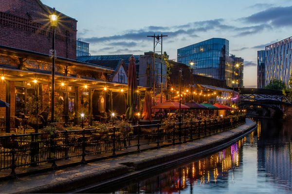 Canal-side evening setting at Brindleyplace in Birmingham